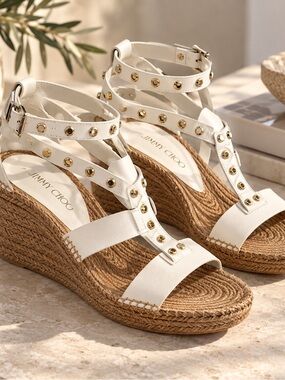Jimmy Choo White Studded Leather Ankle-Strap Sandals- fabulously stylish